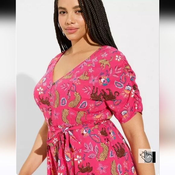 Torrid Midi Rayon Slub Button Front Tie Dress Size 2X Leopard Jungle Floral - Picture 2 of 15